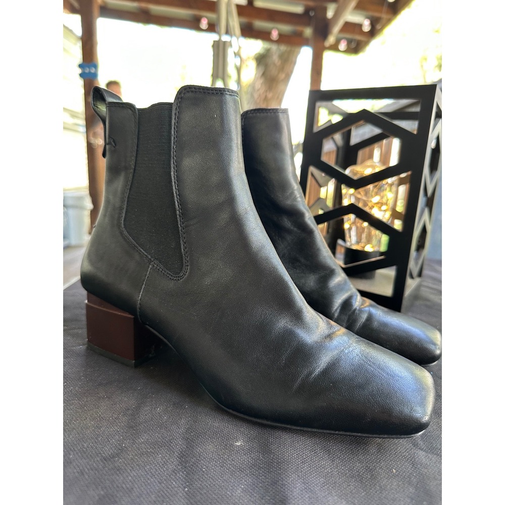 Franco Sarto Black Leather Ankle‎ Boots Square Toe Block Heel Zip Up 7M